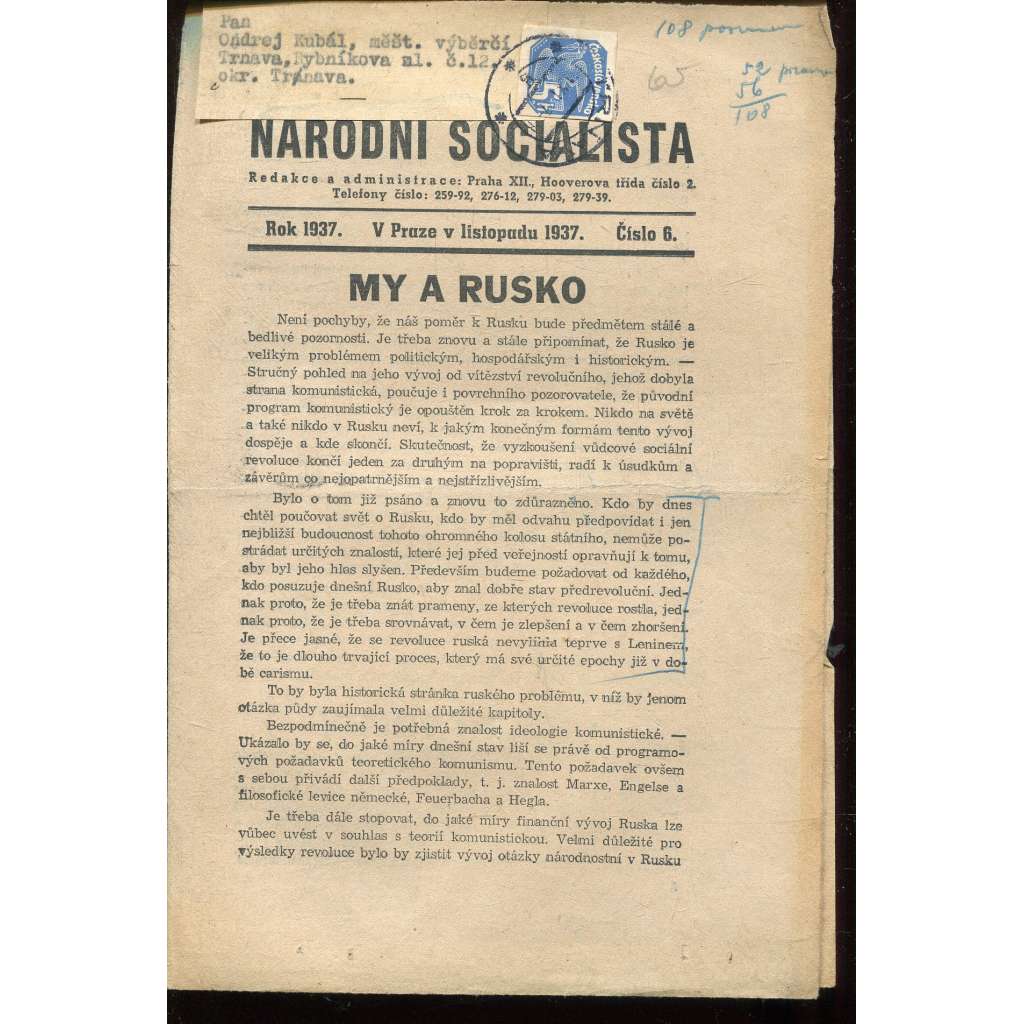 Národní socialista, číslo 6/1937 (1. republika, noviny, časopis)