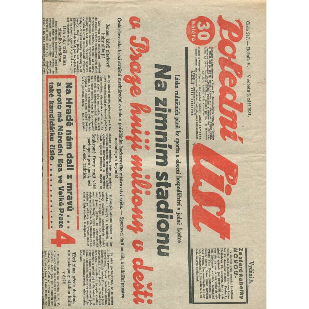 Polední list, ročník V., číslo 247/1931 (1. republika, noviny)