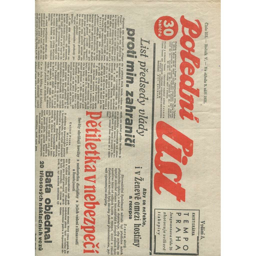 Polední list, ročník V., číslo 251/1931 (1. republika, noviny)