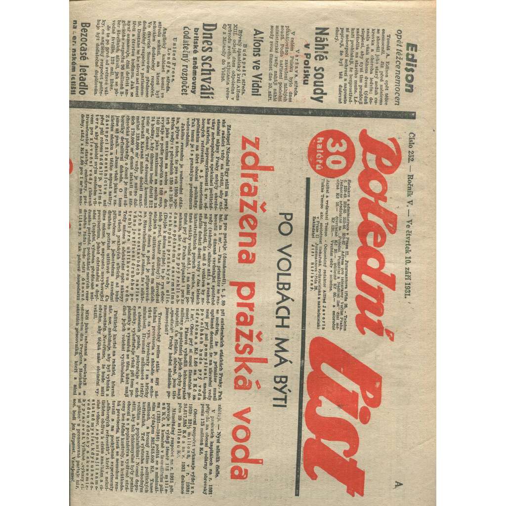 Polední list, ročník V., číslo 252/1931 (1. republika, noviny)