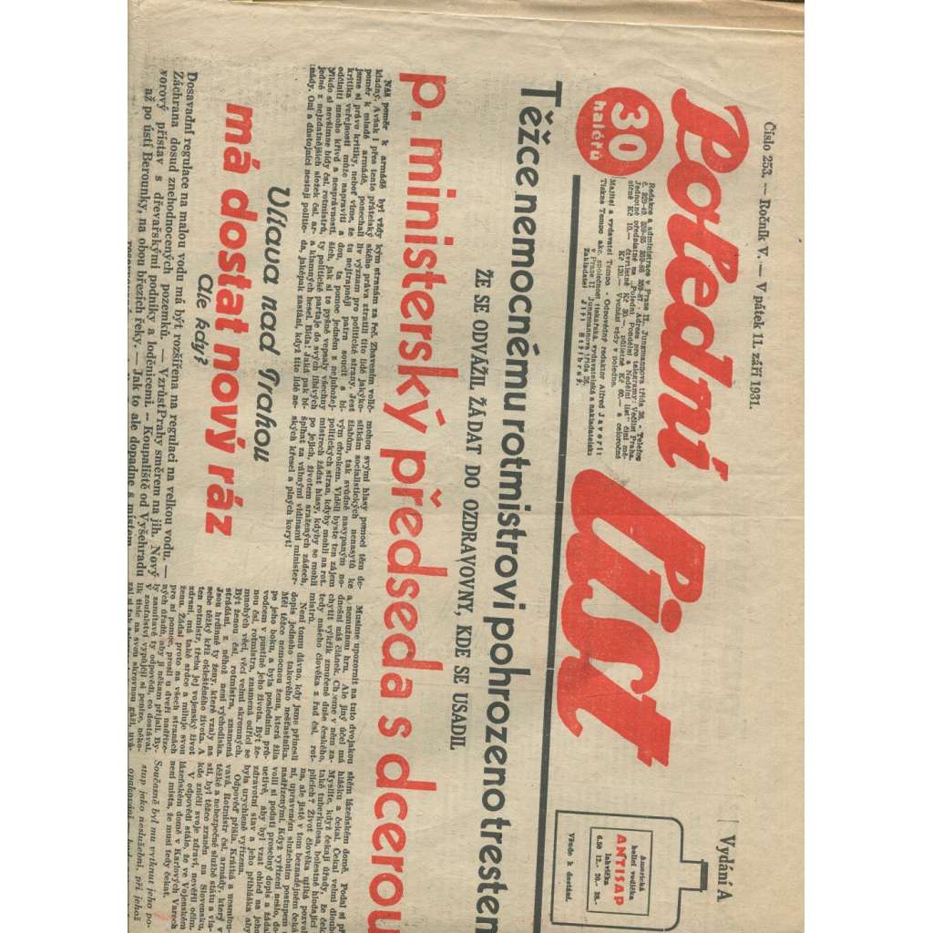Polední list, ročník V., číslo 253/1931 (1. republika, noviny)