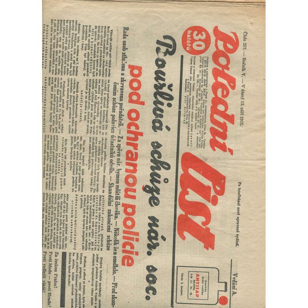 Polední list, ročník V., číslo 257/1931 (1. republika, noviny)