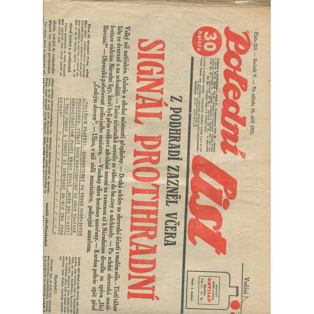 Polední list, ročník V., číslo 258/1931 (1. republika, noviny)