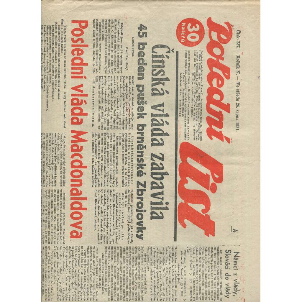 Polední list, ročník V., číslo 237/1931 (1. republika, noviny)