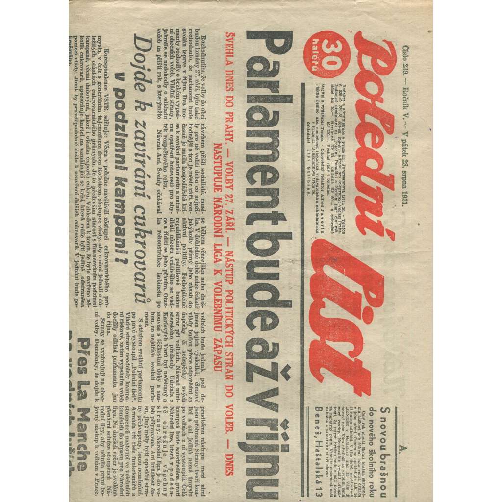 Polední list, ročník V., číslo 239/1931 (1. republika, noviny)