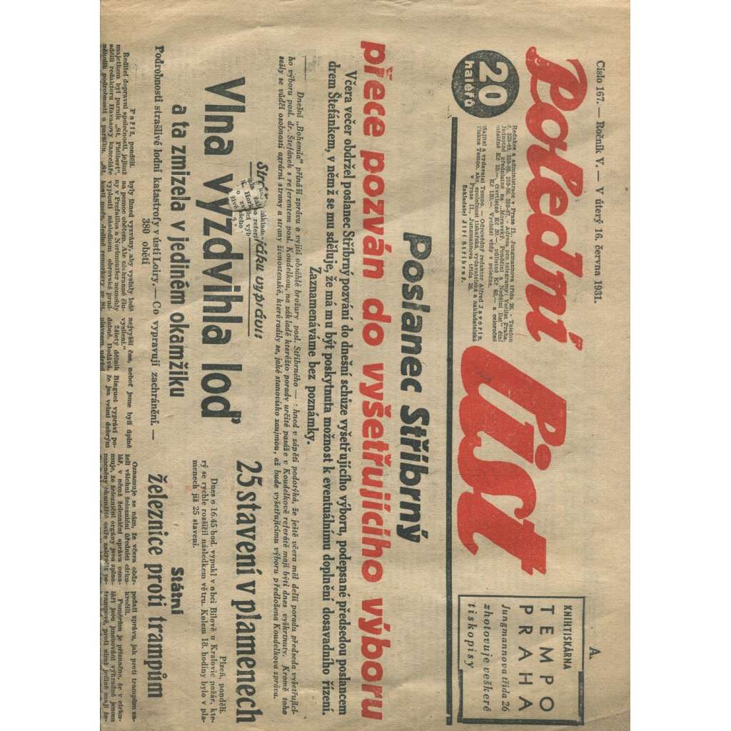 Polední list, ročník V., číslo 167/1931 (1. republika, noviny)