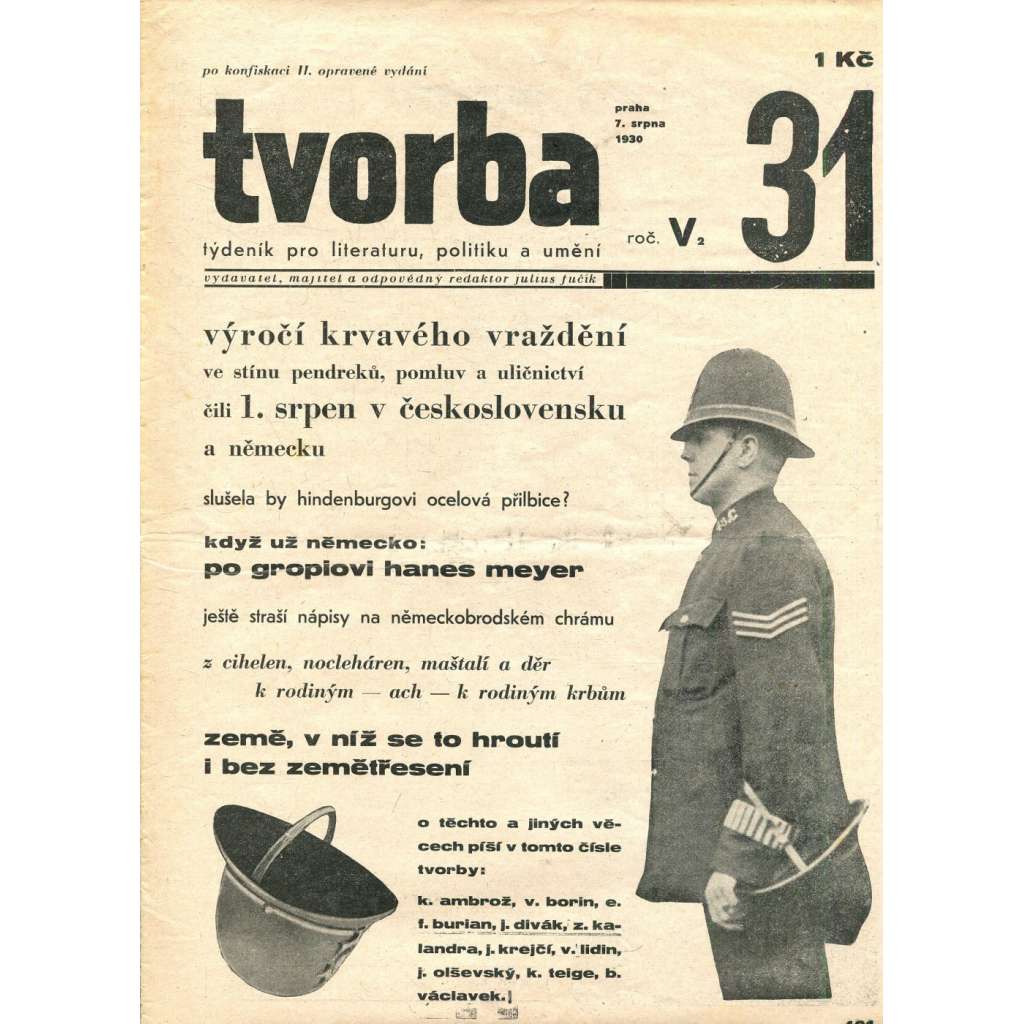 Tvorba, ročník V., číslo 31/1930. List pro literaturu, politiku a umění (1. republika, časopis, noviny)