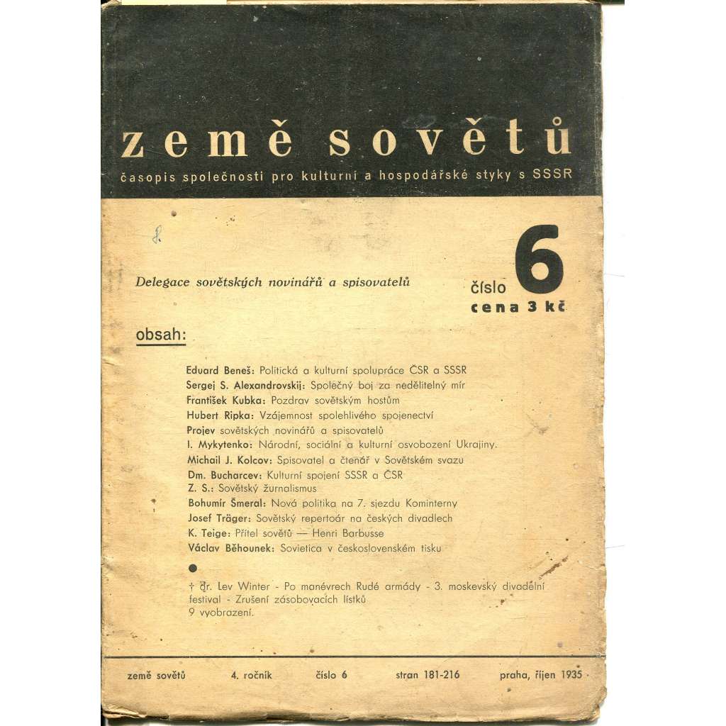 Země sovětů, ročník 4., č. 6/1935 (Časopis společnosti pro kulturní a hospodářské styky s SSSR)