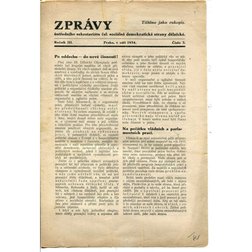 Zprávy ústředního sekretariátu čsl. sociálně demokratické strany dělnické, ročník III., číslo 3/1934 (staré noviny)
