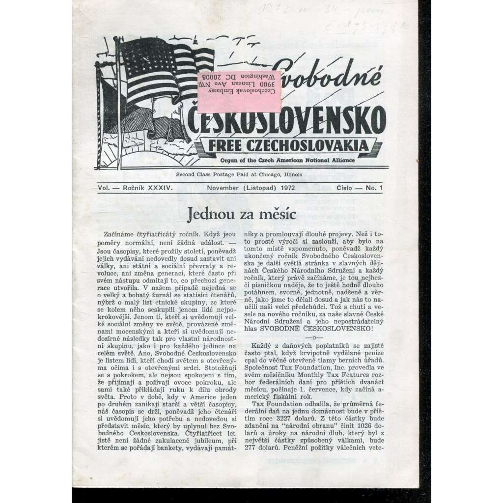 Svobodné Československo, ročník XXXIV., číslo 1/1972 / Free Czechoslovakia (exil, časopis, noviny)