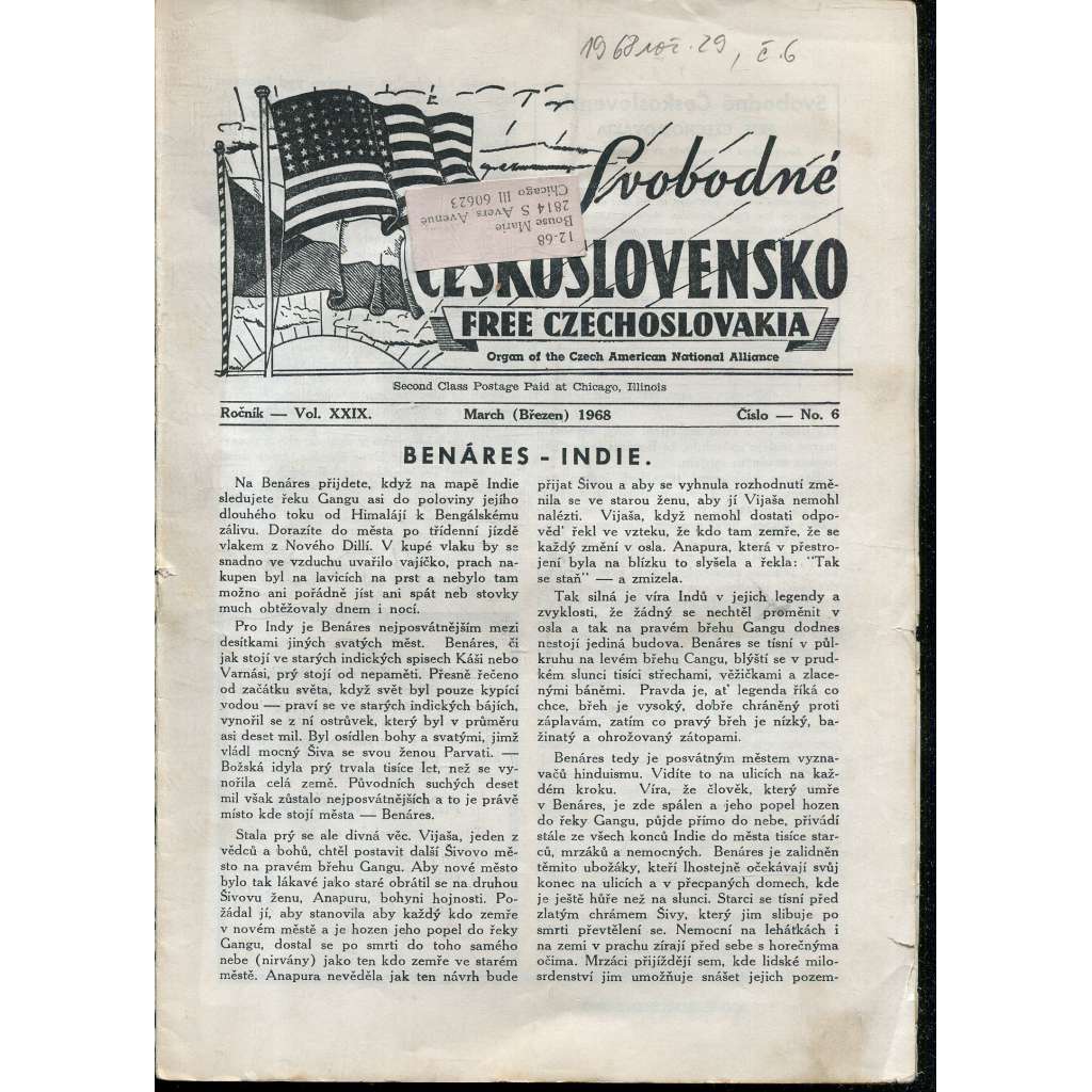 Svobodné Československo, ročník XXIX., číslo 6/1968 / Free Czechoslovakia (exil, časopis, noviny)
