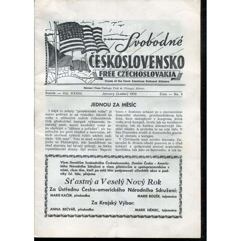 Svobodné Československo, ročník XXXIII., číslo 3/1972 / Free Czechoslovakia (exil, časopis, noviny)