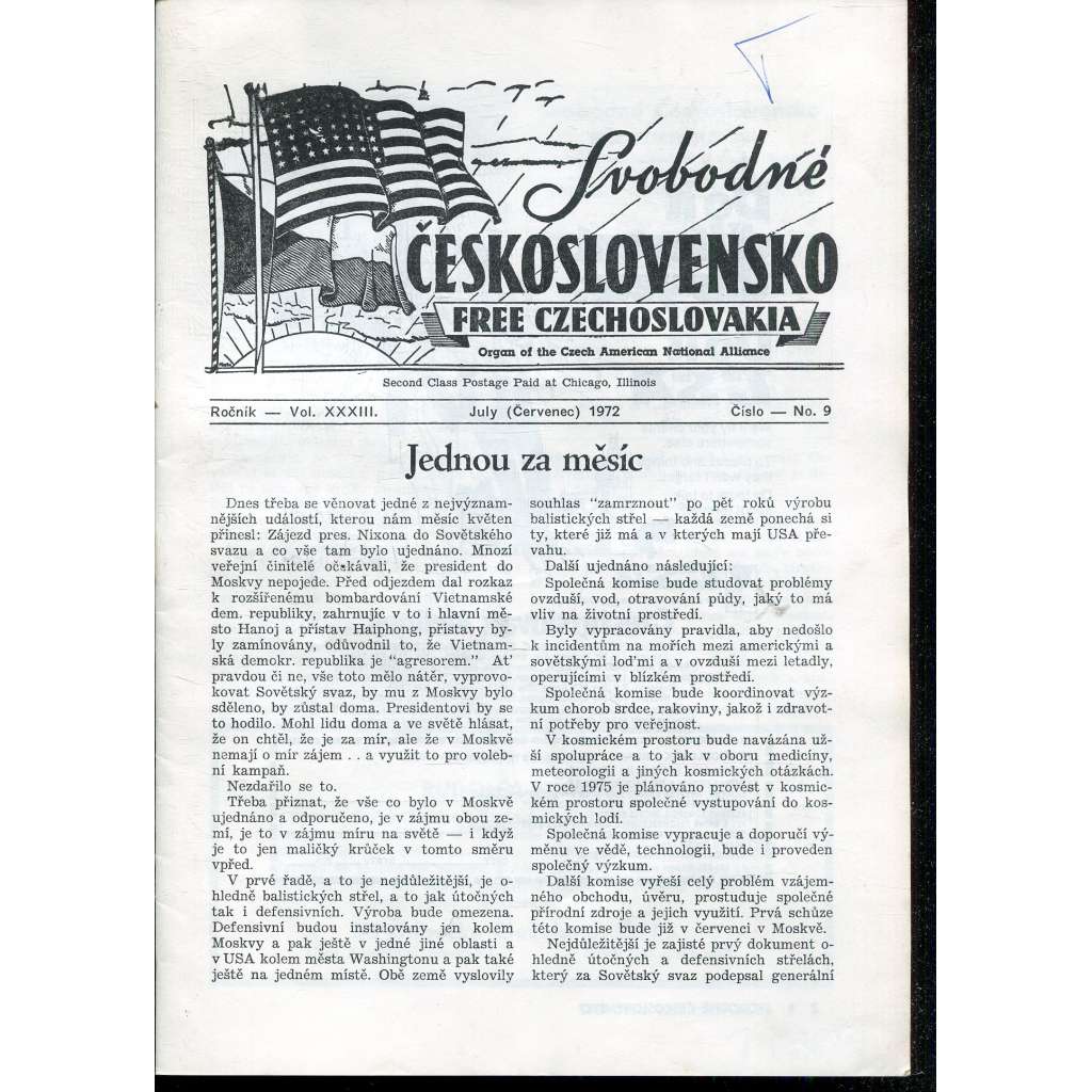 Svobodné Československo, ročník XXXIII., číslo 9/1972 / Free Czechoslovakia (exil, časopis, noviny)