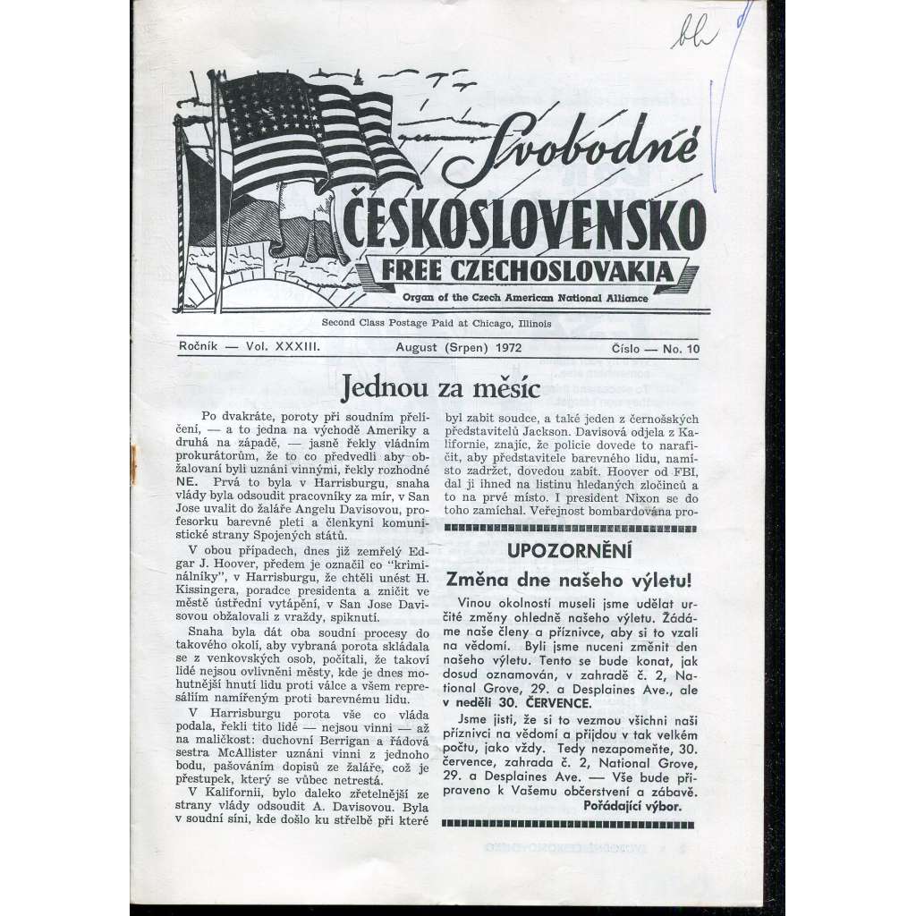Svobodné Československo, ročník XXXIII., číslo 10/1972 / Free Czechoslovakia (exil, časopis, noviny)