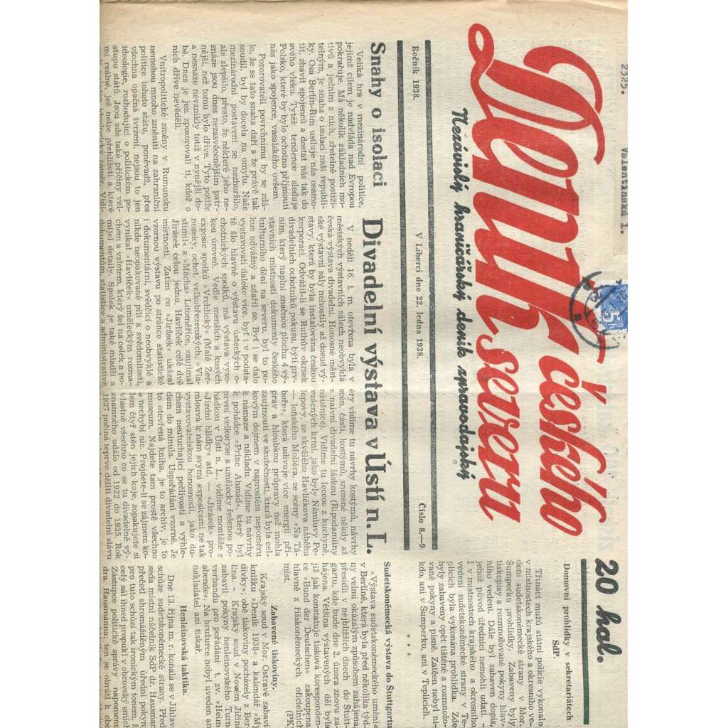 Deník českého severu, číslo 8-9/1938. Nezávislý hraničářský deník zpravodajský (1. republika, noviny)