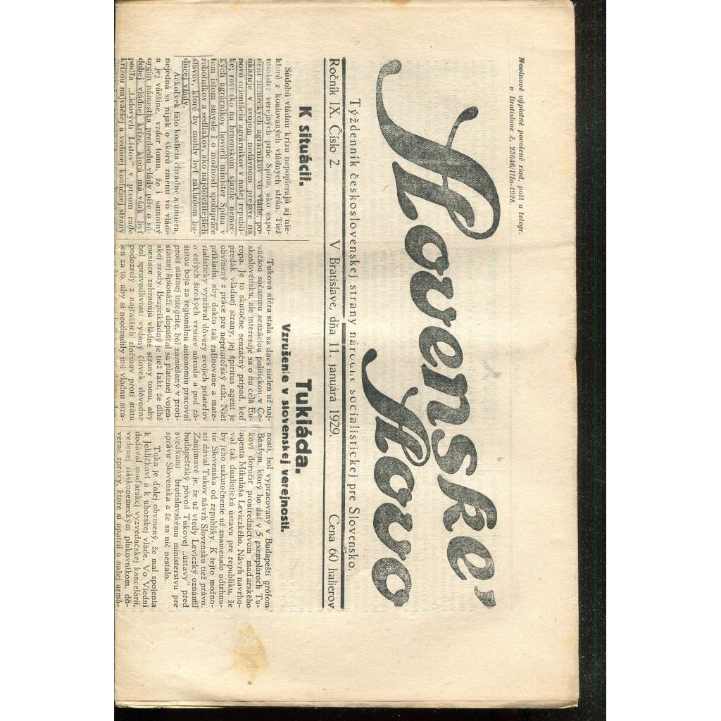 Slovenské slovo, ročník IX., číslo 2/1929. Týždenník československej strany národne socialistickej pre Slovensko (1. republika, noviny, Slovensko, text slovensky)