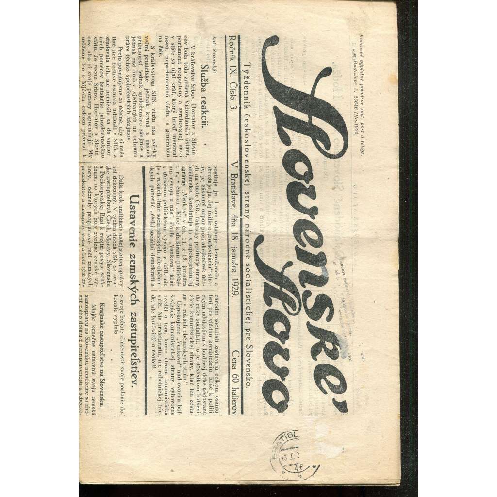 Slovenské slovo, ročník IX., číslo 3/1929. Týždenník československej strany národne socialistickej pre Slovensko (1. republika, noviny, Slovensko, text slovensky)