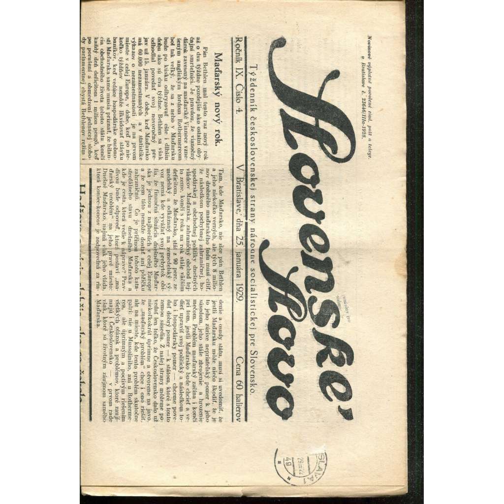 Slovenské slovo, ročník IX., číslo 4/1929. Týždenník československej strany národne socialistickej pre Slovensko (1. republika, noviny, Slovensko, text slovensky)
