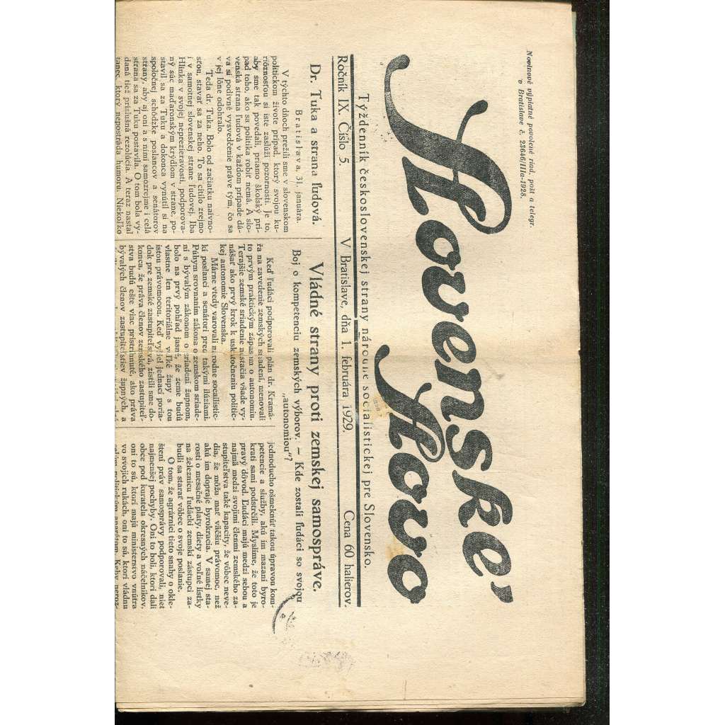 Slovenské slovo, ročník IX., číslo 5/1929. Týždenník československej strany národne socialistickej pre Slovensko (1. republika, noviny, Slovensko, text slovensky)