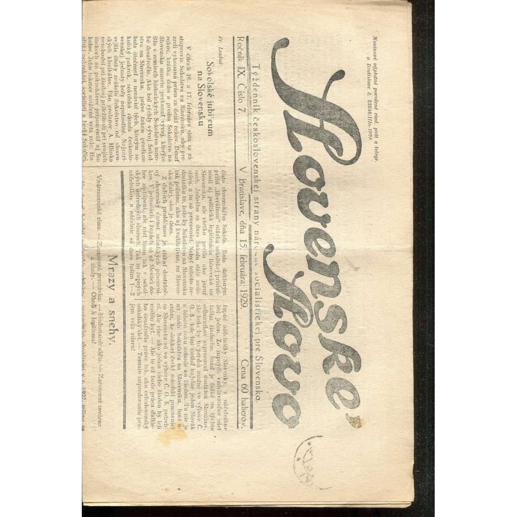 Slovenské slovo, ročník IX., číslo 7/1929. Týždenník československej strany národne socialistickej pre Slovensko (1. republika, noviny, Slovensko, text slovensky)