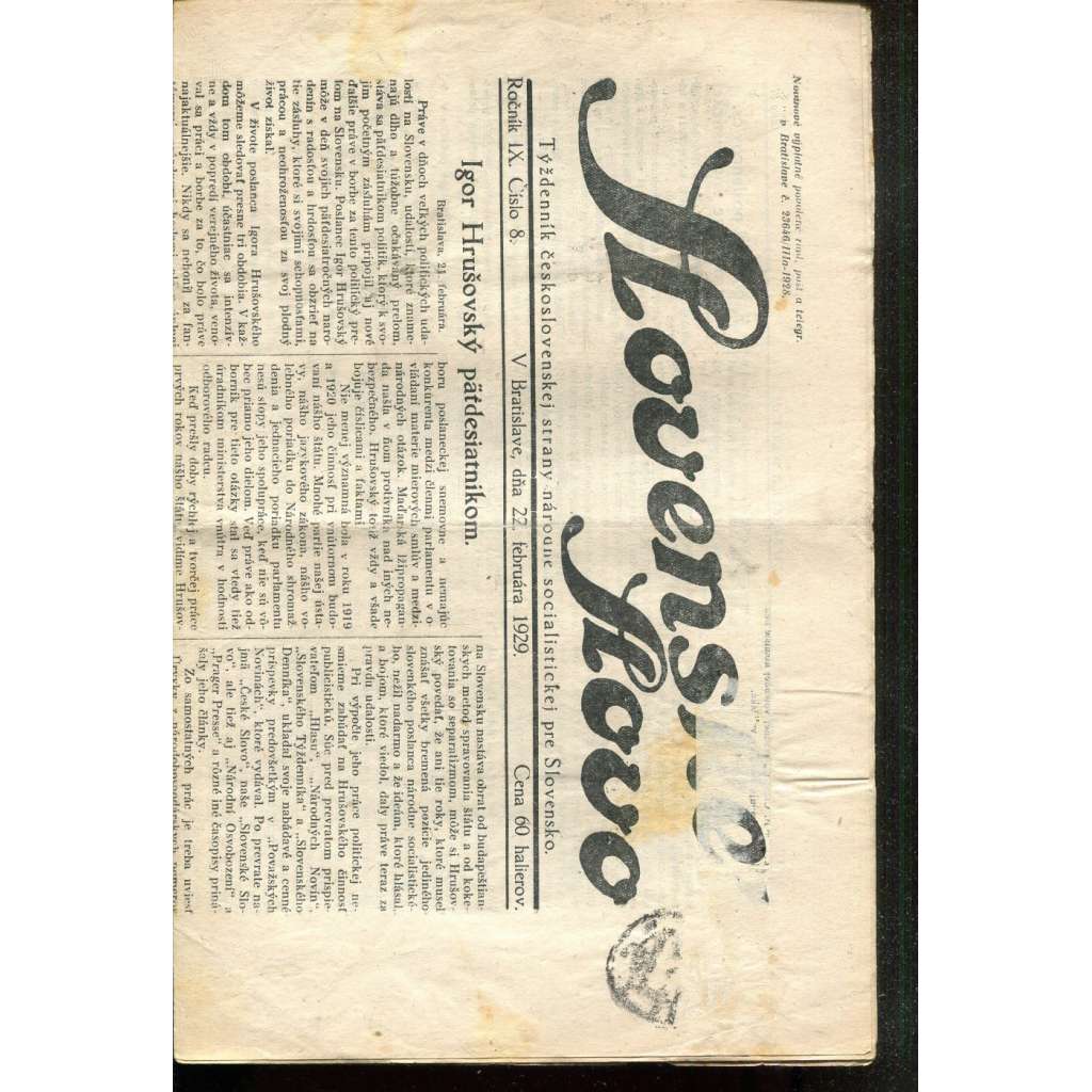 Slovenské slovo, ročník IX., číslo 7/1929. Týždenník československej strany národne socialistickej pre Slovensko (1. republika, noviny, Slovensko, text slovensky)