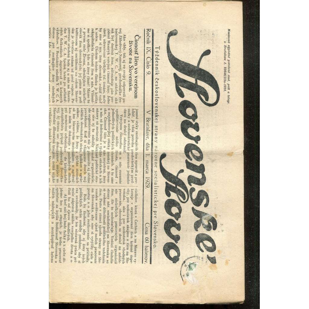 Slovenské slovo, ročník IX., číslo 9/1929. Týždenník československej strany národne socialistickej pre Slovensko (1. republika, noviny, Slovensko, text slovensky)