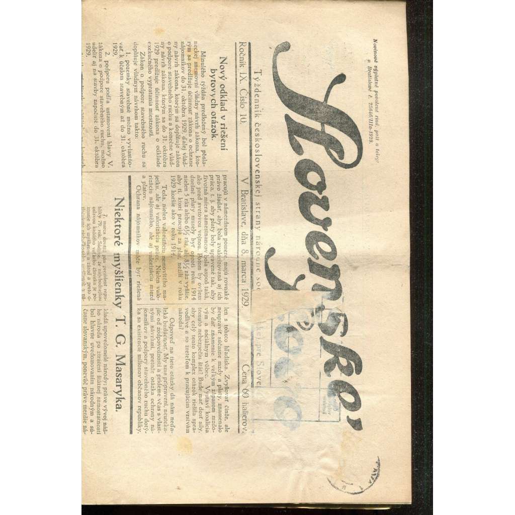 Slovenské slovo, ročník IX., číslo 10/1929. Týždenník československej strany národne socialistickej pre Slovensko (1. republika, noviny, Slovensko, text slovensky)