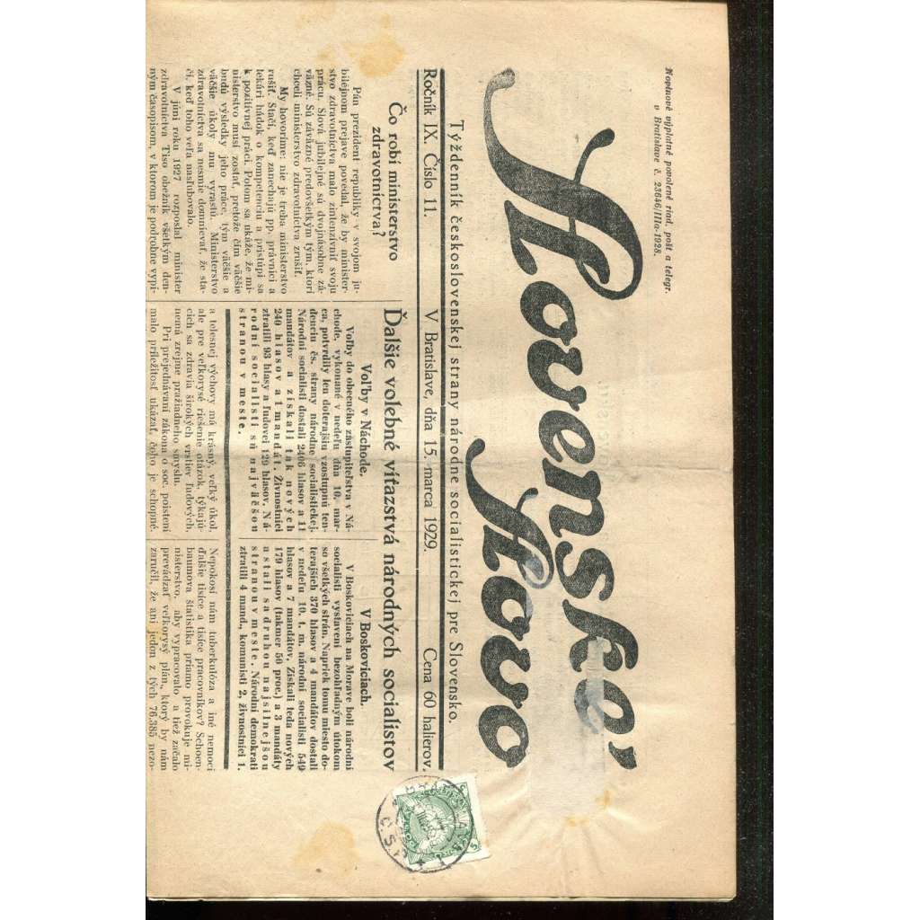 Slovenské slovo, ročník IX., číslo 11/1929. Týždenník československej strany národne socialistickej pre Slovensko (1. republika, noviny, Slovensko, text slovensky)