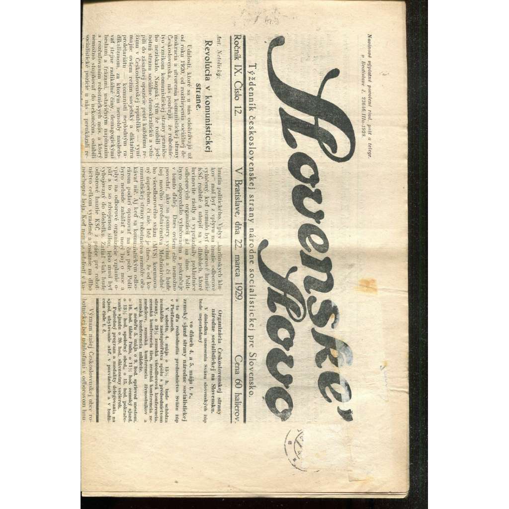 Slovenské slovo, ročník IX., číslo 12/1929. Týždenník československej strany národne socialistickej pre Slovensko (1. republika, noviny, Slovensko, text slovensky)