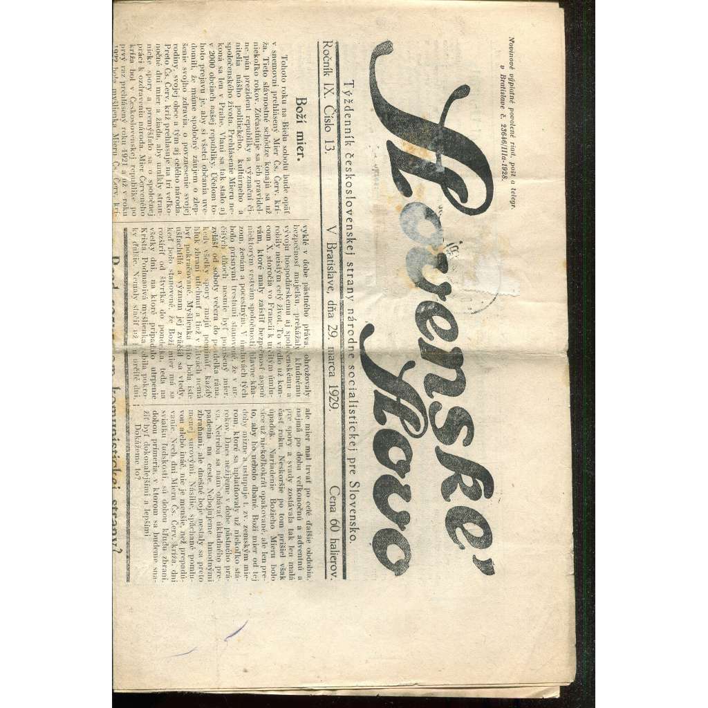 Slovenské slovo, ročník IX., číslo 13/1929. Týždenník československej strany národne socialistickej pre Slovensko (1. republika, noviny, Slovensko, text slovensky)
