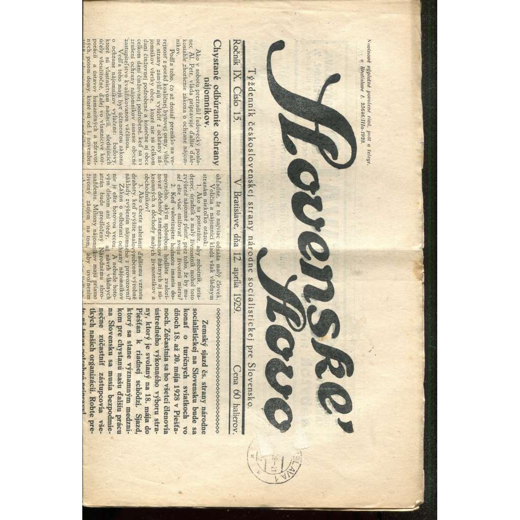 Slovenské slovo, ročník IX., číslo 15/1929. Týždenník československej strany národne socialistickej pre Slovensko (1. republika, noviny, Slovensko, text slovensky)