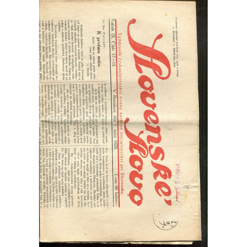 Slovenské slovo, ročník IX., číslo 17-18/1929. Týždenník československej strany národne socialistickej pre Slovensko (1. republika, noviny, Slovensko, text slovensky)