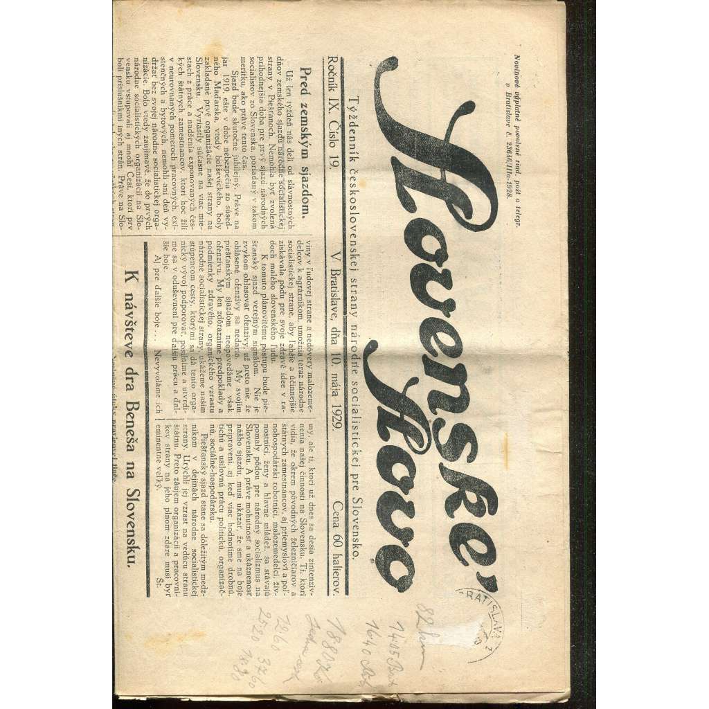 Slovenské slovo, ročník IX., číslo 19/1929. Týždenník československej strany národne socialistickej pre Slovensko (1. republika, noviny, Slovensko, text slovensky)