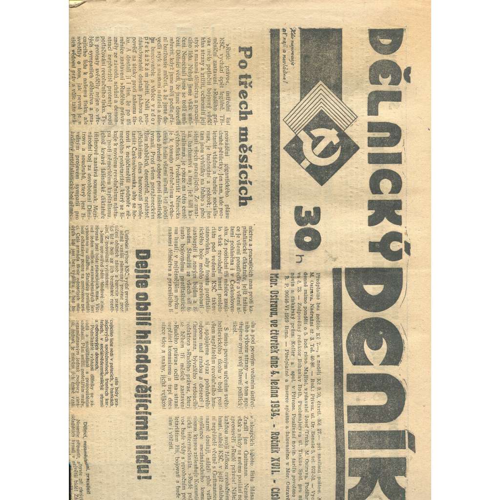 Dělnický deník, ročník XVII., číslo 1/1934 (1. republika, staré noviny, komunistická literatura) - Ostrava