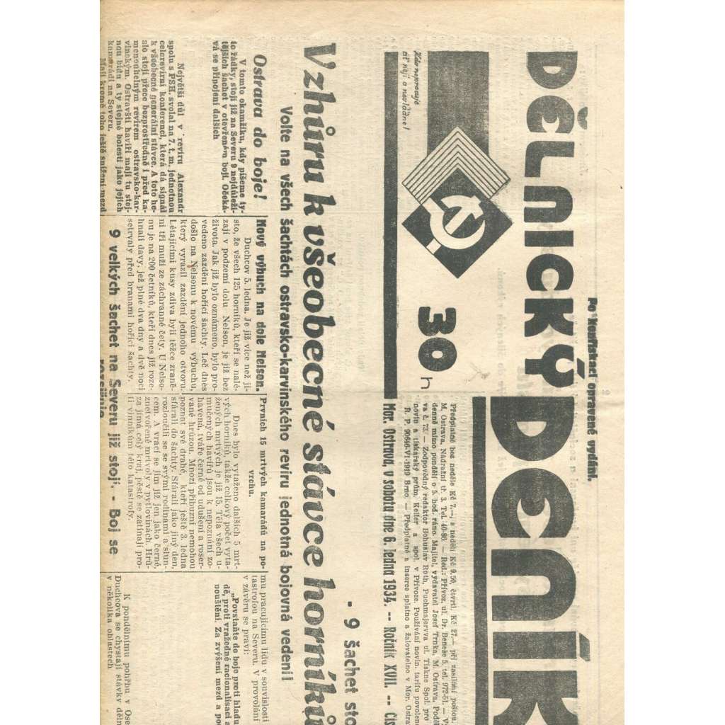 Dělnický deník, ročník XVII., číslo 3/1934 (1. republika, staré noviny, komunistická literatura) - Ostrava