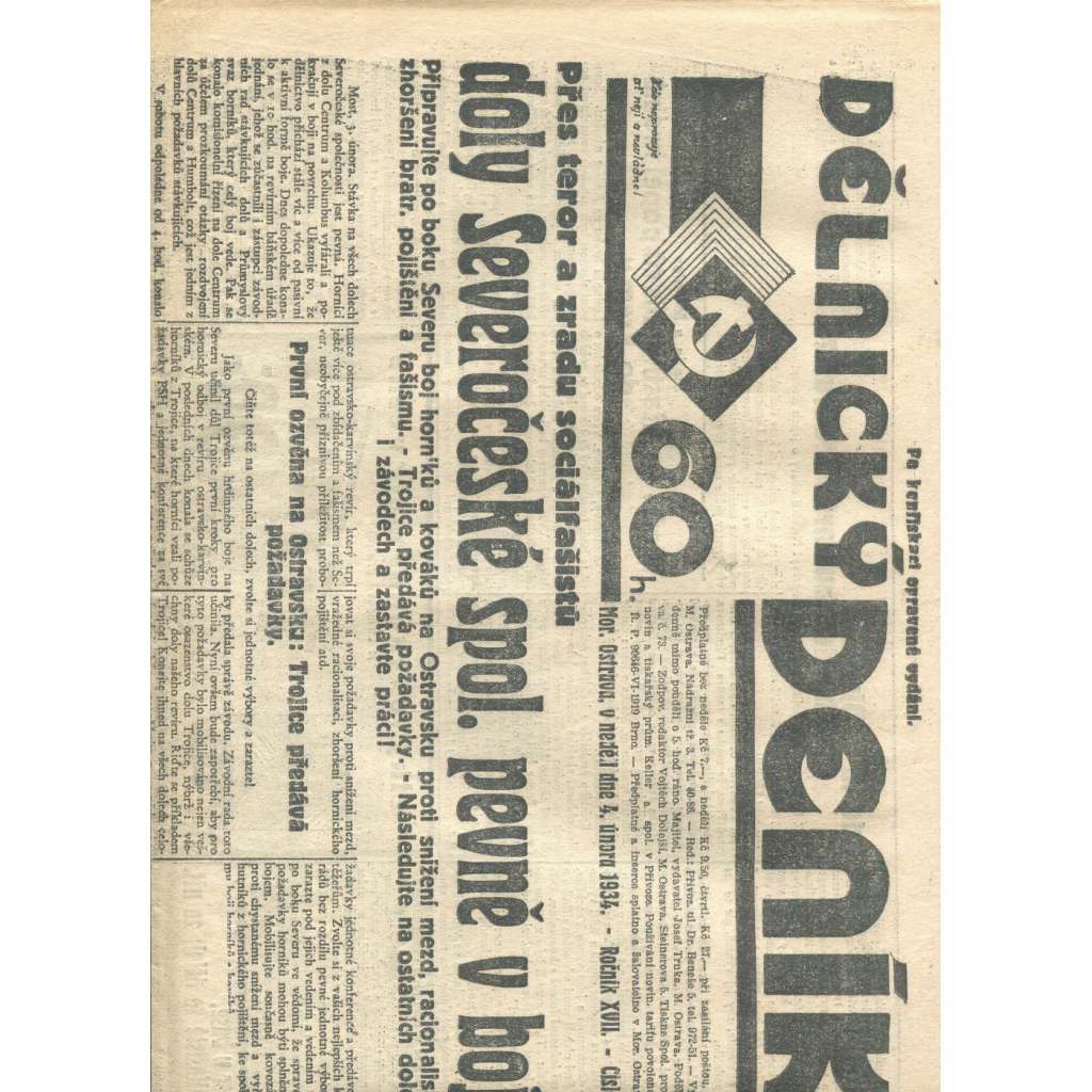 Dělnický deník, ročník XVII., číslo 28/1934 (1. republika, staré noviny, komunistická literatura) - Ostrava