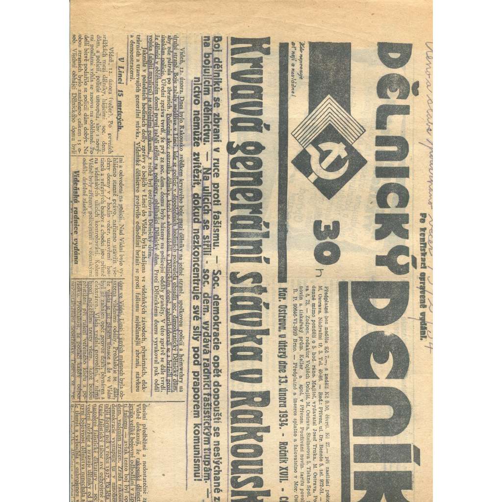 Dělnický deník, ročník XVII., číslo 35/1934 (1. republika, staré noviny, komunistická literatura) - Ostrava