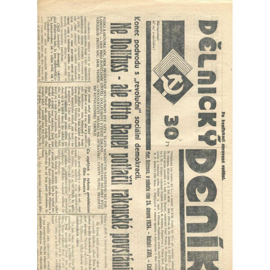 Dělnický deník, ročník XVII., číslo 45/1934 (1. republika, staré noviny, komunistická literatura) - Ostrava