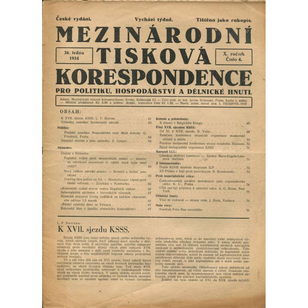 Mezinárodní tisková korespondence pro politiku, hospodářství a dělnické hnutí, ročník X., číslo 4/1934 (1. republika, časopis, noviny)