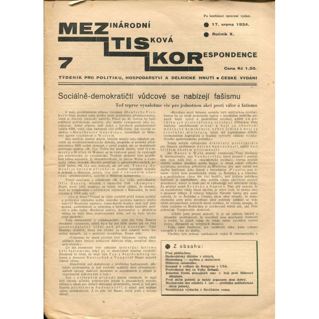 Mezinárodní tisková korespondence, ročník X., číslo 7/1934. Týdeník pro politiku, hospodářství a dělnické hnutí (1. republika, časopis, noviny)