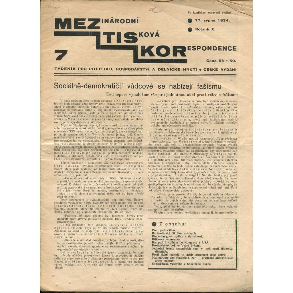Mezinárodní tisková korespondence, ročník X., číslo 7/1934. Týdeník pro politiku, hospodářství a dělnické hnutí (1. republika, časopis, noviny)