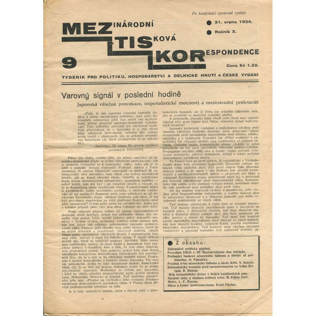 Mezinárodní tisková korespondence, ročník X., číslo 9/1934. Týdeník pro politiku, hospodářství a dělnické hnutí (1. republika, časopis, noviny)