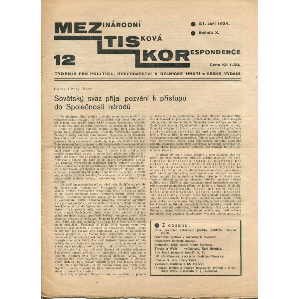 Mezinárodní tisková korespondence, ročník X., číslo 12/1934. Týdeník pro politiku, hospodářství a dělnické hnutí (1. republika, časopis, noviny)