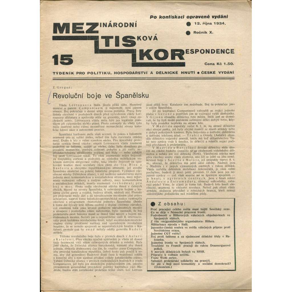 Mezinárodní tisková korespondence, ročník X., číslo 15/1934. Týdeník pro politiku, hospodářství a dělnické hnutí (1. republika, časopis, noviny)