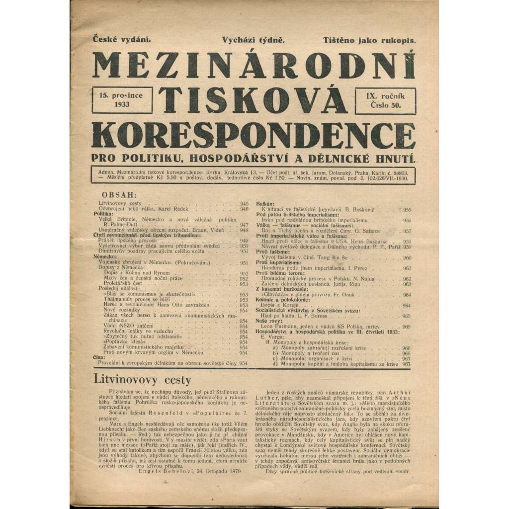 Mezinárodní tisková korespondence pro politiku, hospodářství a dělnické hnutí, ročník IX., číslo 50/1933 (1. republika, časopis, noviny)