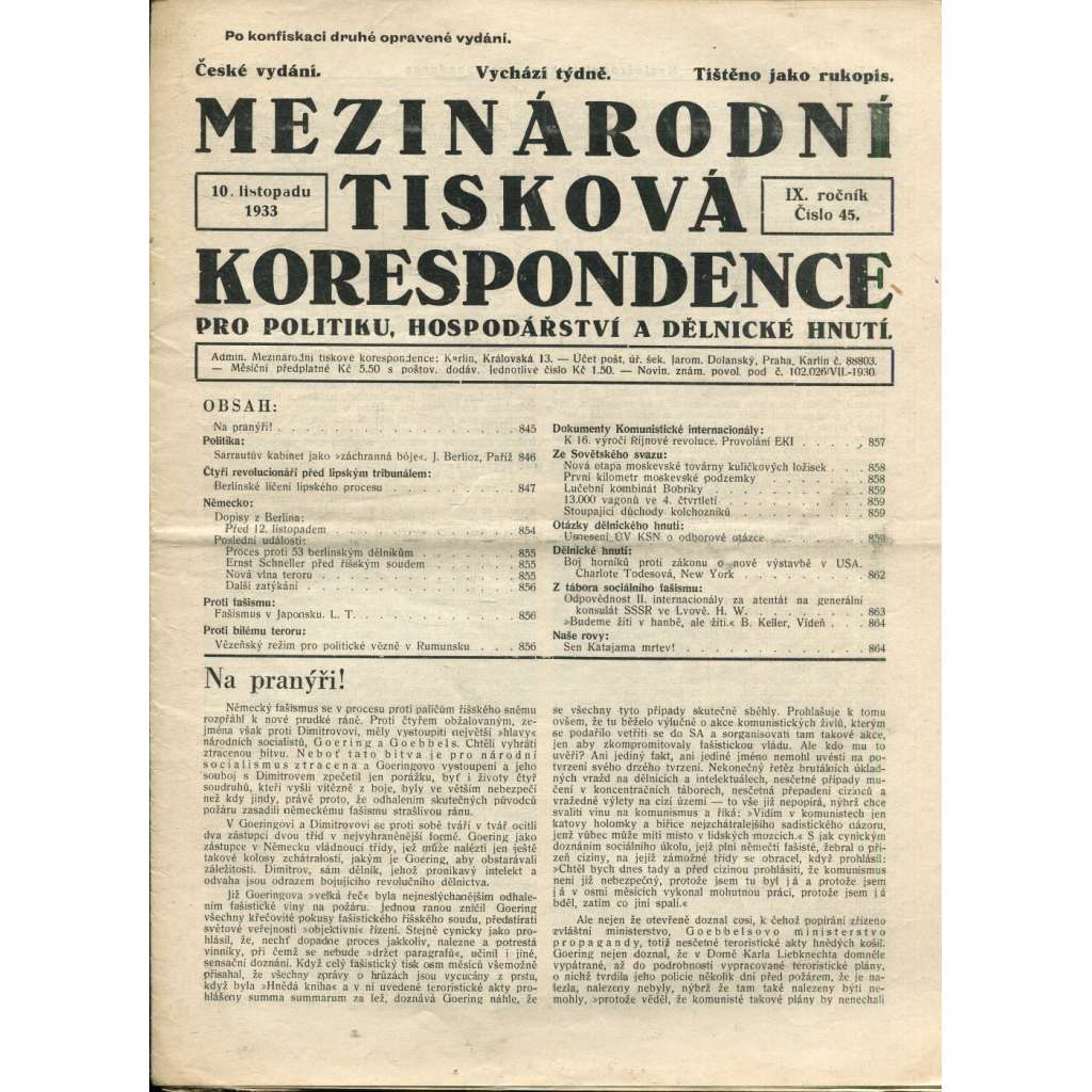 Mezinárodní tisková korespondence pro politiku, hospodářství a dělnické hnutí, ročník IX., číslo 45/1933 (1. republika, časopis, noviny)