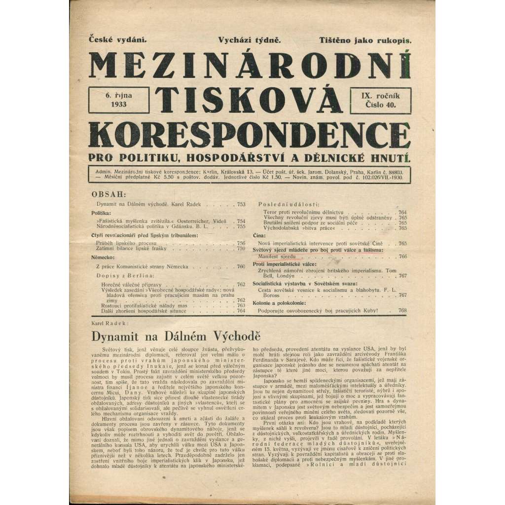 Mezinárodní tisková korespondence pro politiku, hospodářství a dělnické hnutí, ročník IX., číslo 40/1933 (1. republika, časopis, noviny)