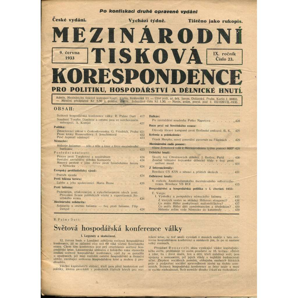Mezinárodní tisková korespondence pro politiku, hospodářství a dělnické hnutí, ročník IX., číslo 23/1933 (1. republika, časopis, noviny)