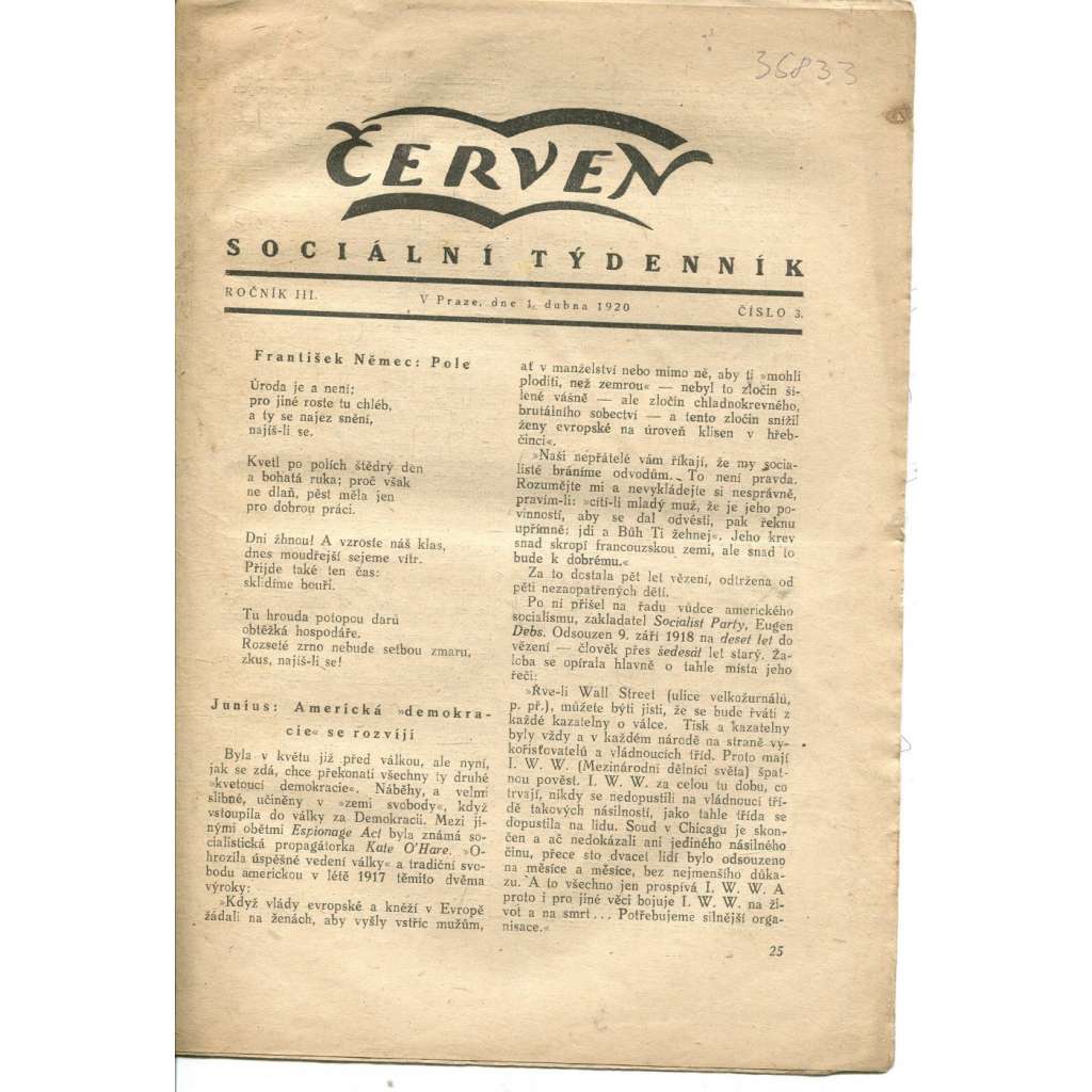 Červen, ročník III., číslo 3/1920. Sociální týdenník (komunistická literatura, 1. republika, noviny)