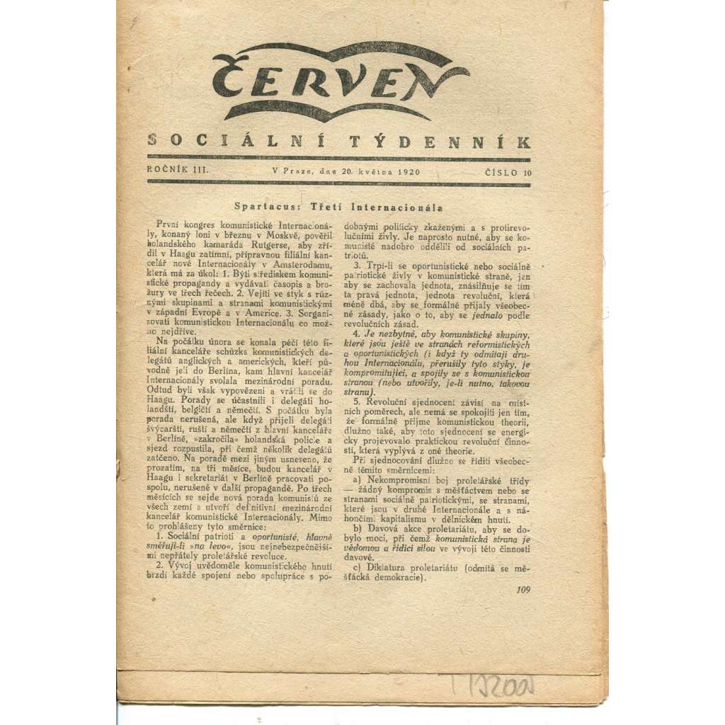 Červen, ročník III., číslo 10/1920. Sociální týdenník (komunistická literatura, 1. republika, noviny)